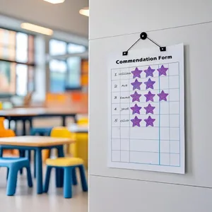 Purple glitter star reward stickers used on a classroom commendation form for kids