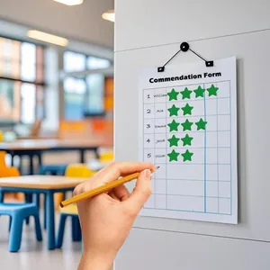 Green five-pointed star reward stickers applied on a classroom commendation form paper.