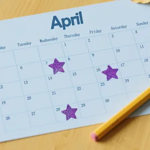 Close-up of purple glitter star stickers used as reward markers on a paper calendar page