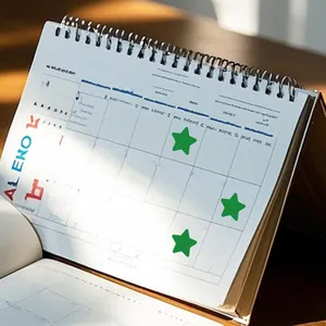 Detailed view of green star reward stickers applied to a spiral-bound white grid planner