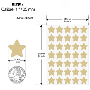 Detailed size chart of 1-inch gold star stickers showing 35 pieces per sheet specifications.