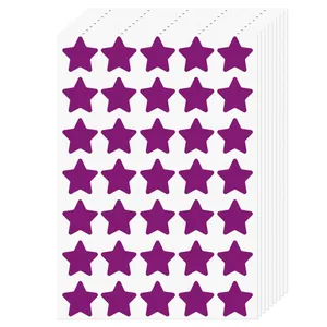 Detailed view of multiple sheets of purple star-shaped reward stickers for kids.