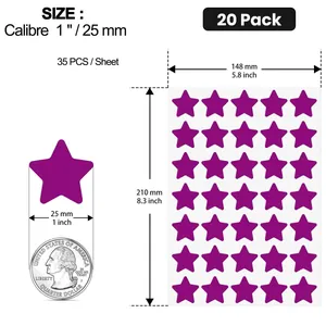 Detailed dimension diagram of purple star reward stickers with a coin for scale.