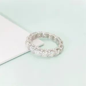 Close-up detail of a silver eternity ring set with sparkling 4mm round-cut Moissanite