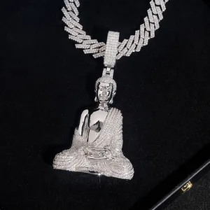 925 Sterlingsilber Buddha Anhänger Volles Pflaster D Farbe Moissanit Hip Hop Schmuck Religiöser Anhänger Für Damen Herren GRA Zertifiziert