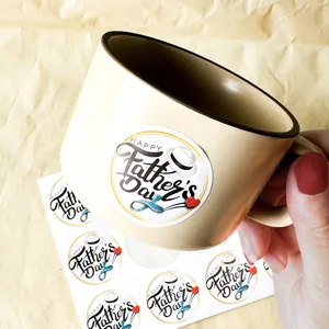 Detail showing a 1.5-inch Happy Father's Day sticker applied to a ceramic mug