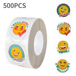 Roll of 500pcs reward stickers for children featuring smiley faces and encouraging words