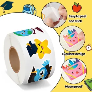 Detail of waterproof graduation reward stickers with cartoon star and owl designs.