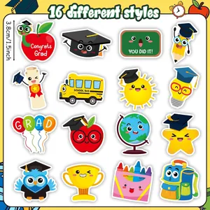 Macro view of 16 different styles of colorful graduation reward stickers for kids.
