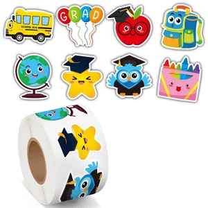 Close-up detail of 500 reward stickers with graduation owl and school bus designs.