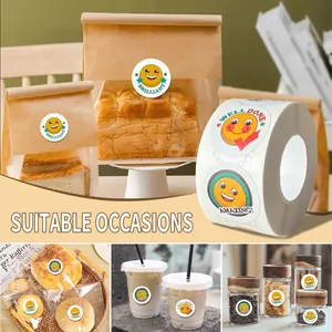 A collage showing cute emoji reward stickers applied to bread bags, coffee cups and jars