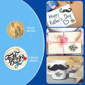 Macro view of 1.5 inch Happy Father's Day stickers on gift boxes, mugs, and cards.