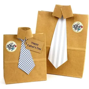 Decorative Happy Father's Day round labels applied to creative shirt-shaped kraft gift bags.