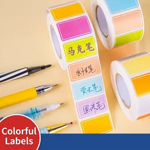 Colorful roll of self-adhesive label stickers for handwritten name tags and indexing.