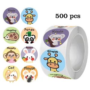 Rouleau de 500 autocollants de récompense animaux mignons avec motifs ronds faits main