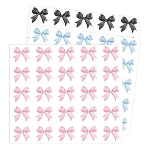 Gedetailleerd overzicht van stickervellen met 25 strikjes in roze, blauw en zwart.