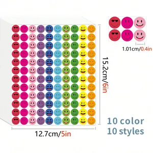 Detailed view of colorful smiley face reward stickers with dimensions and style variety