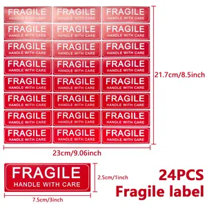 Φύλλο με 24 κόκκινες ετικέτες Fragile για δέματα με πολύ λεπτομερείς διαστάσεις