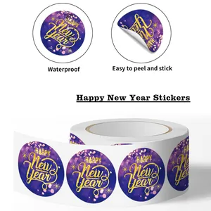 Detailed view showing waterproof and easy-peel features of Happy New Year sticker rolls.