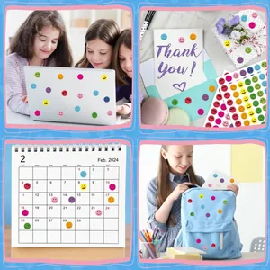 Collage of colorful smiley face stickers used on laptops, cards, and calendars for kids.