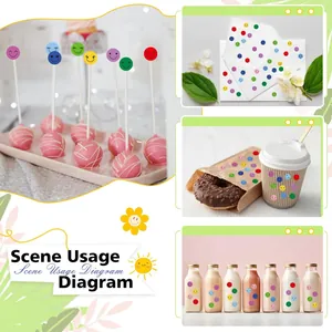Versatile colorful smiley face stickers shown applied on bottles, cups, and envelopes