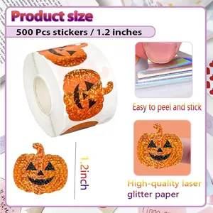 Detail view of 1.2 inch laser glitter Halloween pumpkin stickers showing size and texture