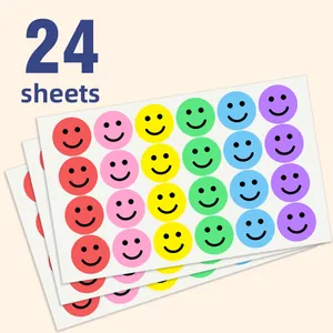 Detail view of 24 sheets of colorful round smiley face reward stickers for children