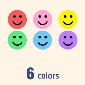 Detailed view of smiley face reward stickers available in 6 vibrant colors for kids