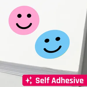 Detailed view of pink and blue self-adhesive smiley face reward stickers for children
