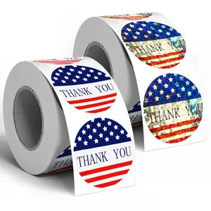 Thank You Stickers Roll US Flag Sealing Labels Decorative Round Doodle Stickers For Baking Gift Wrap Packaging Sealing