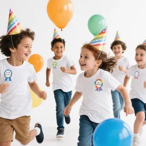 Group of happy kids wearing colorful Happy Birthday reward badge stickers at a fun party