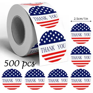 Detail showing quantity and dimensions of American flag Thank You sticker roll