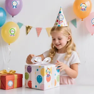 Detailed view of colorful Happy Birthday reward medal stickers applied on gift boxes