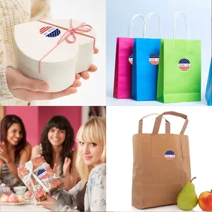 Round US flag themed Thank You stickers applied on gift boxes and colorful shopping bags