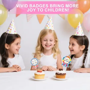 Close-up view of vibrant Happy Birthday and It's My Birthday award badges for children