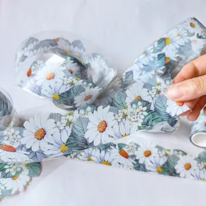 Detailed macro view of translucent PET tape featuring vintage white daisy floral designs