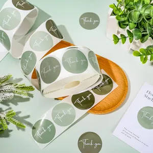 Detail showing 1-inch Morandi green Thank You stickers with elegant white script