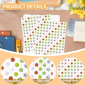 Close-up detail showing 6 styles of waterproof sports ball stickers for kids' crafts.
