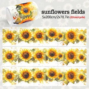 Detail van aquarel zonnebloem washi tape, 5 cm breed, met levendige bloempatronen