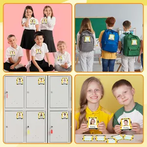 Multiszenen-Ansicht von Schulbus-Namensschildern auf T-Shirts, Rucksäcken und Spinden
