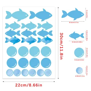 Détails des dimensions des stickers poissons bleus et bulles en centimètres et pouces.