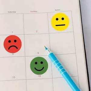 Close-up of colorful emotion emoji stickers applied on a daily planner page