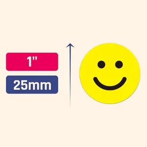 Close-up detail of a yellow smiley face sticker showing its 1 inch or 25mm diameter size.