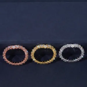 Detail view of S925 silver Moissanite eternity rings in rose, gold, and silver finishes
