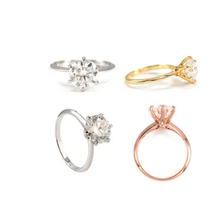 Anelli solitario moissanite 3ct a 6 griffe in argento, oro e oro rosa, viste multiple