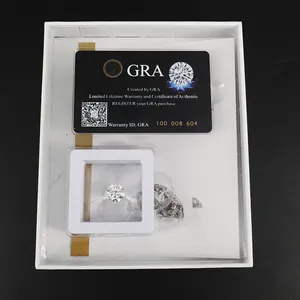 D color Moissanite gemstone with GRA certificate card and white luxury packaging