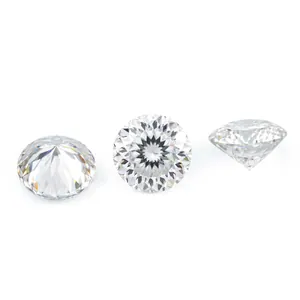 Brilliant round louver cut moissanite gemstone shown from multiple angles on white