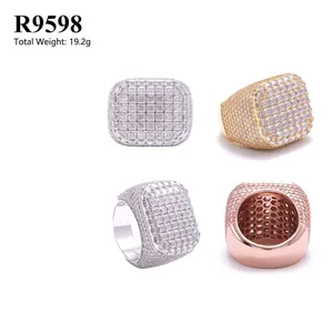 Multi-angle views of men's S925 sterling silver hip hop ring with moissanite stones