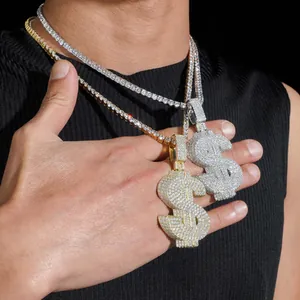 Pendente segno del dollaro in moissanite argento S925, gioielli hip hop stile lussuoso.