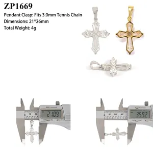 S925 sterling silver hip-hop Moissanite cross pendant with detailed dimension measurements